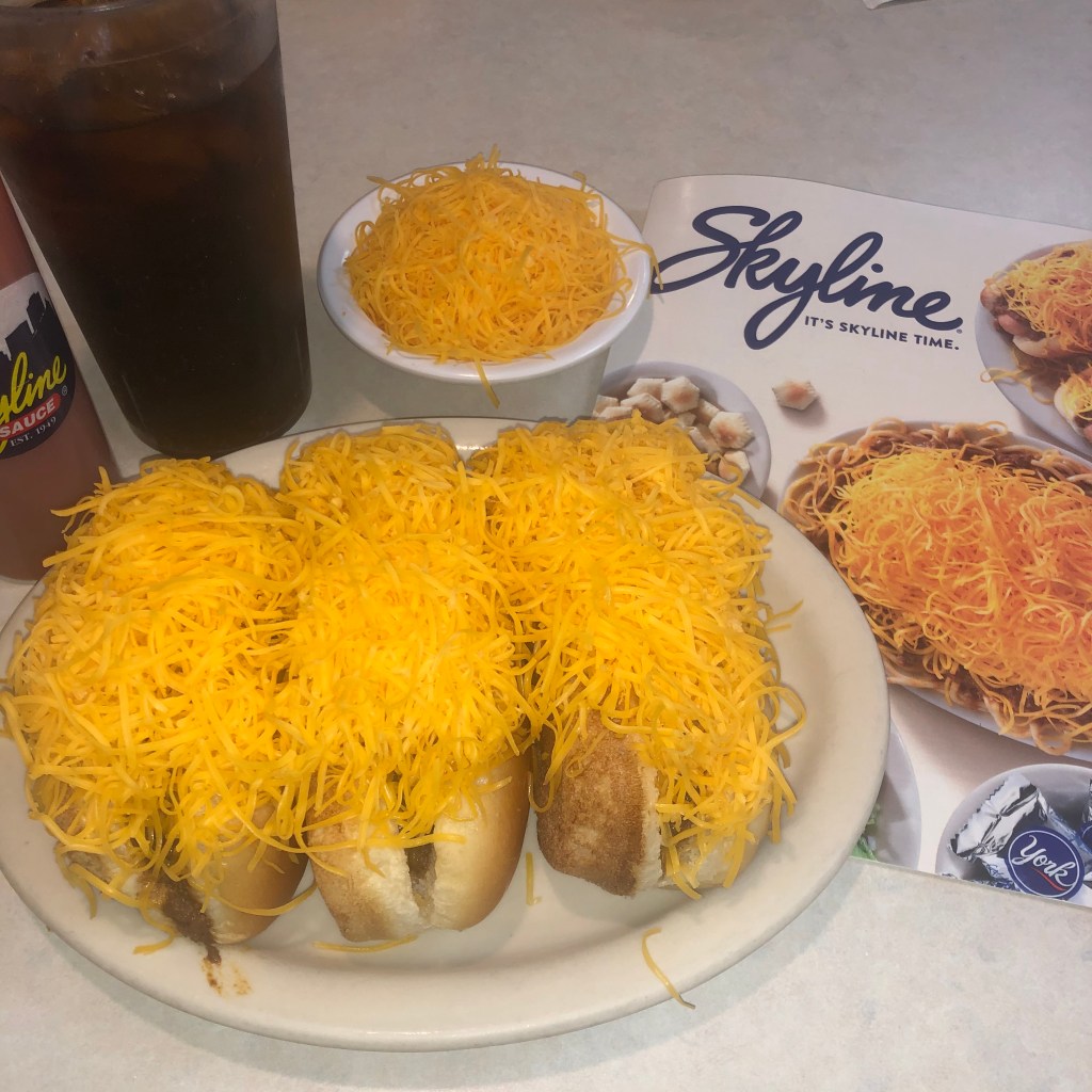 My order at Skyline: three cheese coneys (extra cheese) and a Dr. Pepper to drink.